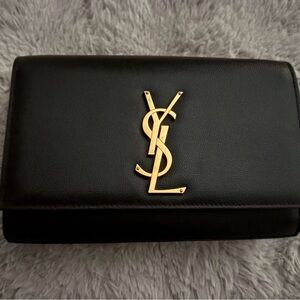 Saint Laurent Black Leather Clutch with Gold YSL Emblem
